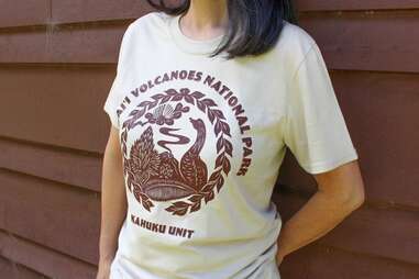 Woman wearing Hawai'i Volcanoes National Park t-shirt