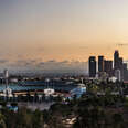 dodger stadium and downtown LA at sunset